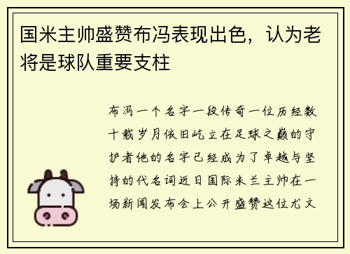 国米主帅盛赞布冯表现出色，认为老将是球队重要支柱